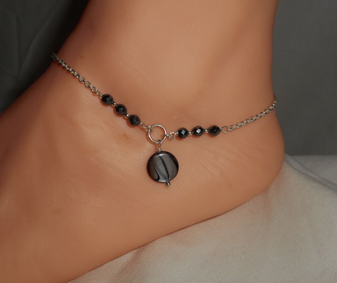 Original 925 silver armband/ankelkedja med grå pärlemor och hematit stenar