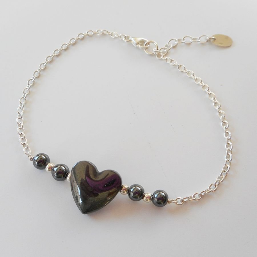 Hematit sten hjärta armband på 925 silver kedja