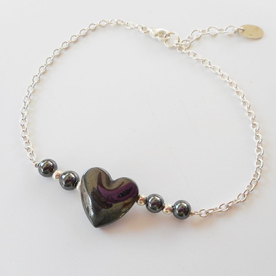 Hematit sten hjärta armband på 925 silver kedja