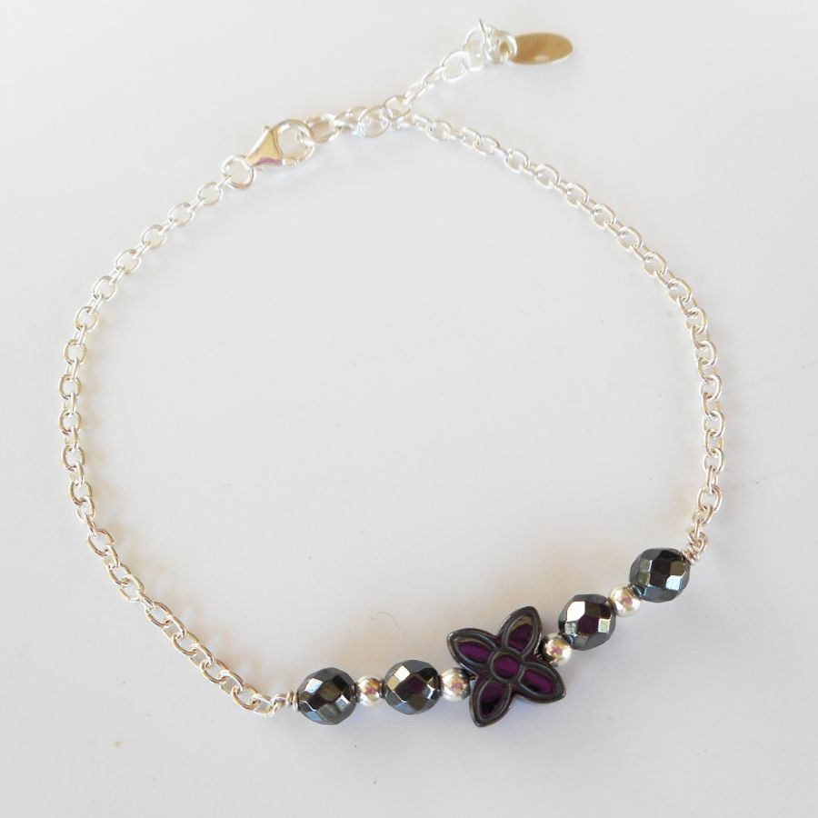 Hematit sten blomma armband på 925 silver kedja
