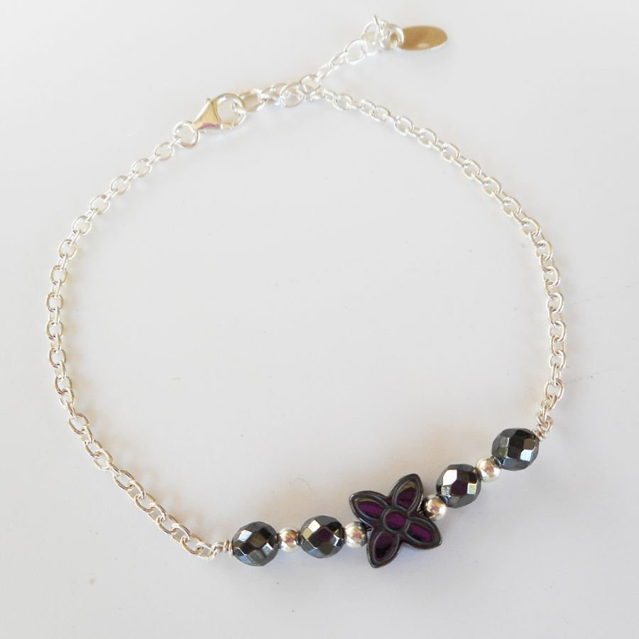 Hematit sten blomma armband på 925 silver kedja