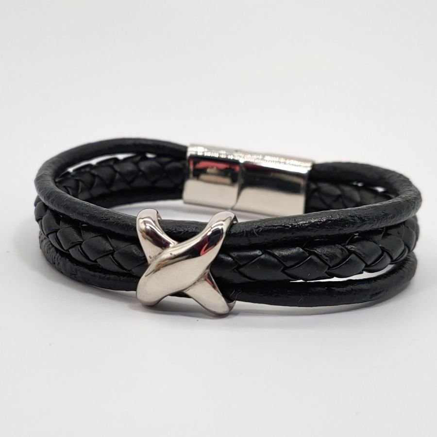 Herr X rostfritt stål armband på svart läder