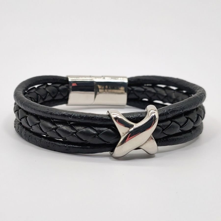Herr X rostfritt stål armband på svart läder