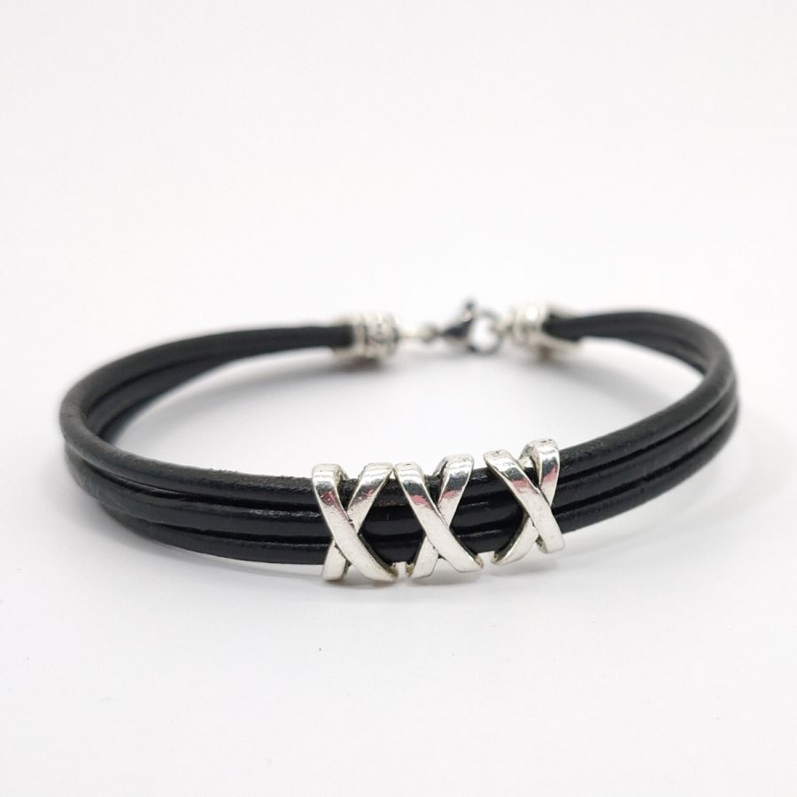 Armband för män svart läder med flera strängar med pärla XXX