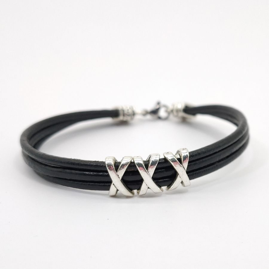 Armband för män svart läder med flera strängar med pärla XXX
