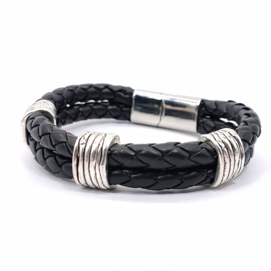 Armband för män med 3 öglor på dubbel rad av svart läder