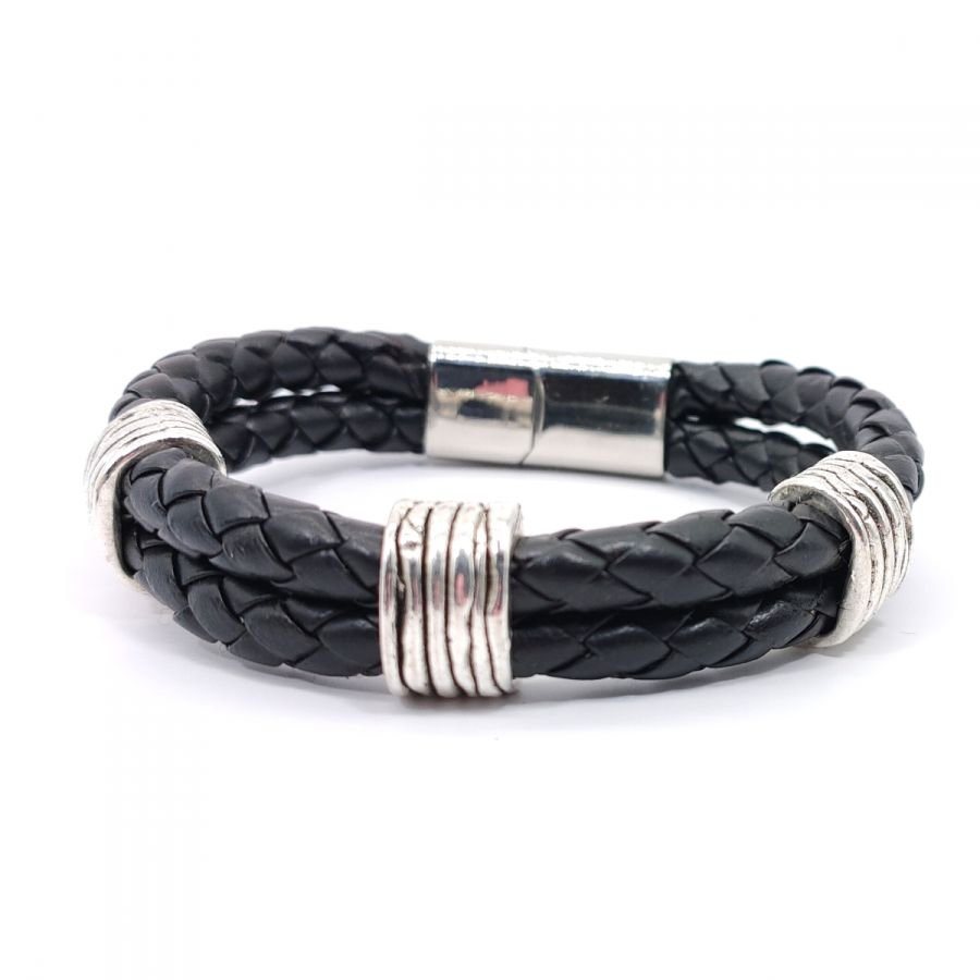 Armband för män med 3 öglor på dubbel rad av svart läder