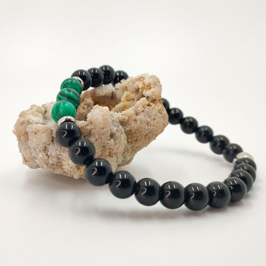 Armband med malakitsten för män med onyx och pärlor i rostfritt stål