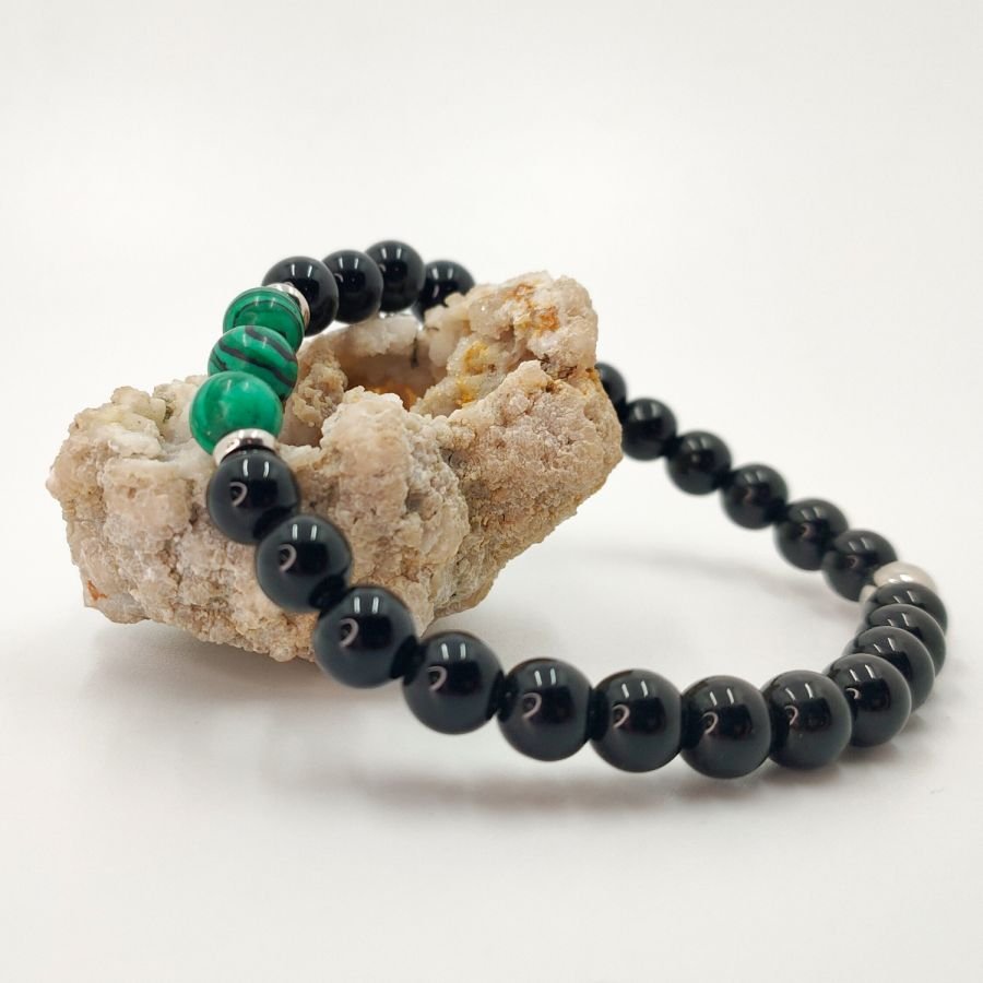 Armband med malakitsten för män med onyx och pärlor i rostfritt stål
