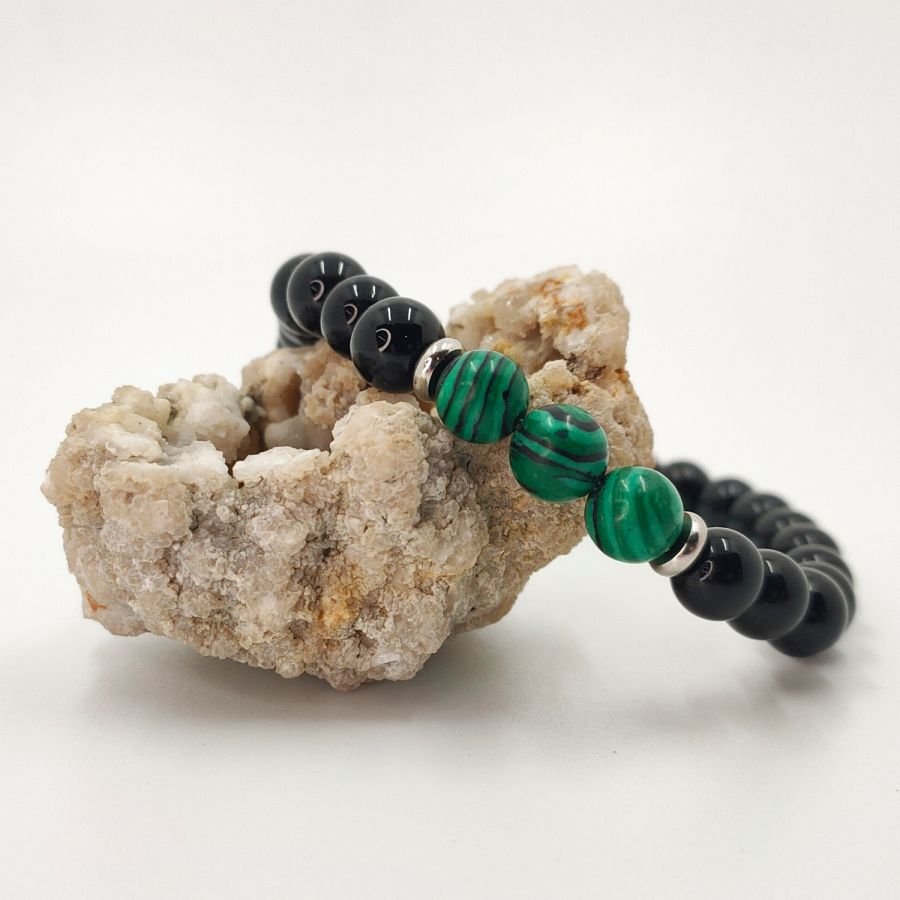 Armband med malakitsten för män med onyx och pärlor i rostfritt stål