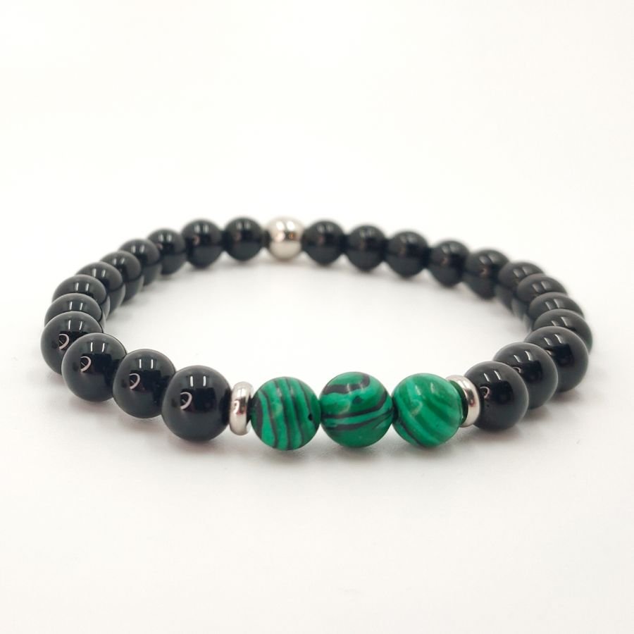 Armband med malakitsten för män med onyx och pärlor i rostfritt stål