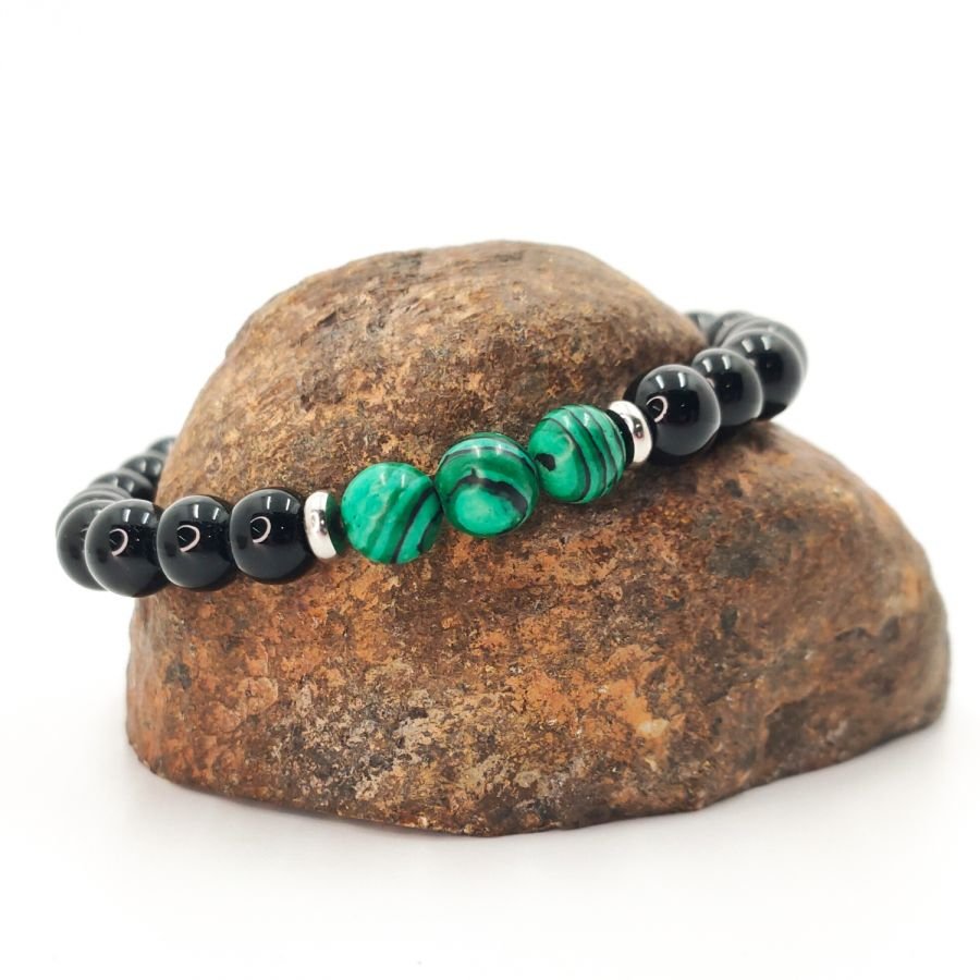 Armband med malakitsten för män med onyx och pärlor i rostfritt stål