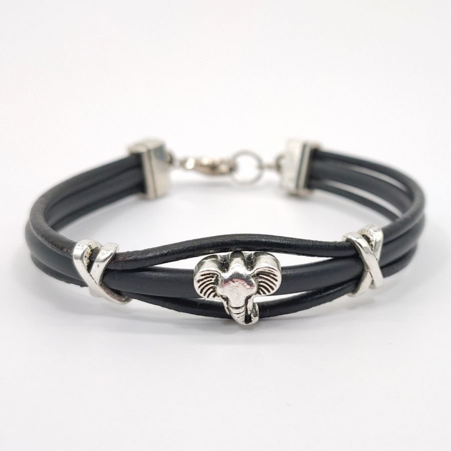 Elefantarmband på svarta läderband