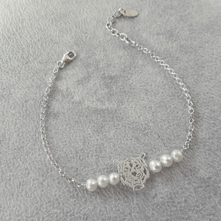 Armband med odlad pärla och tiger på 925 silverkedja