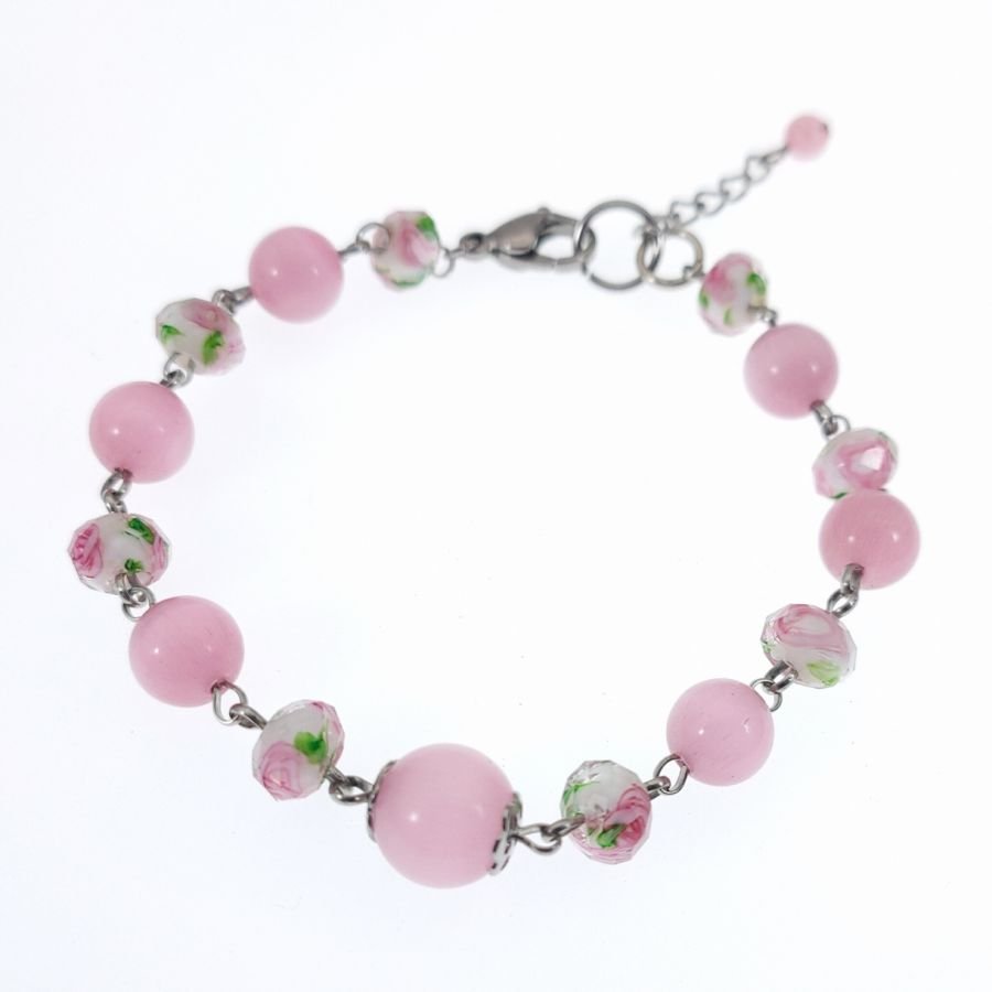 Blommiga rosa glaspärlor armband 
