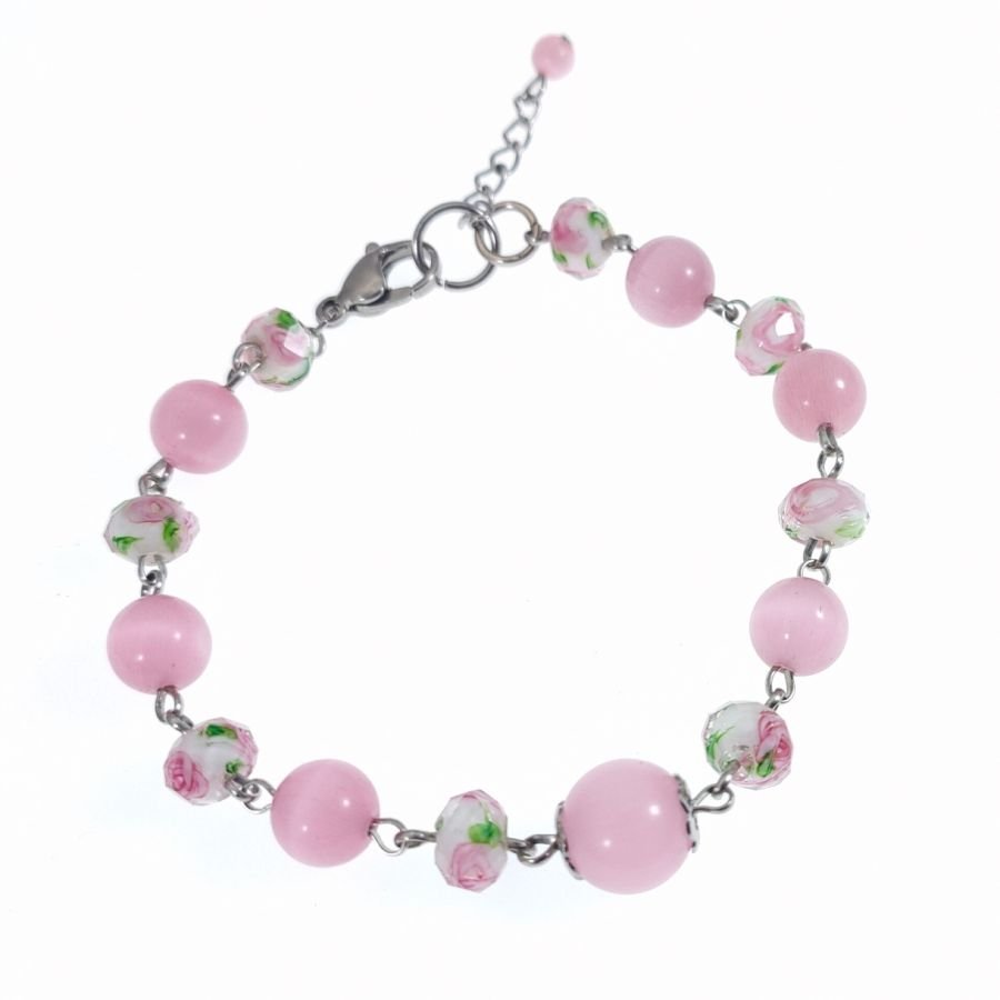 Blommiga rosa glaspärlor armband 