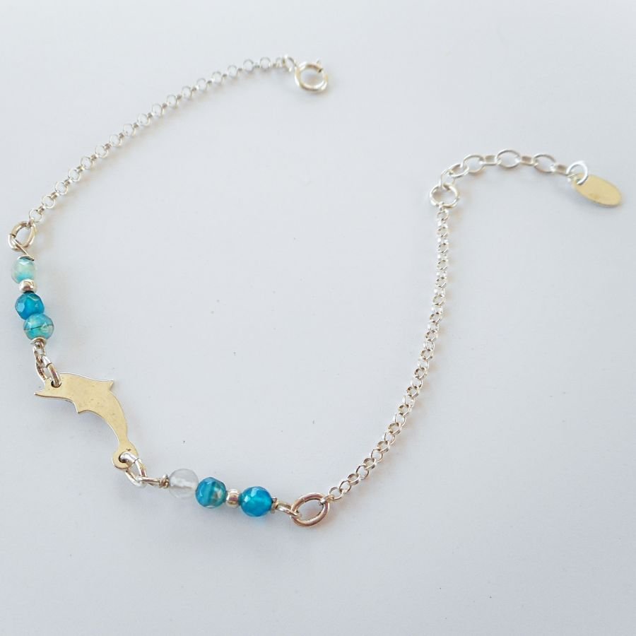 Liten blå agat stenar armband med delfin på 925 silver kedja