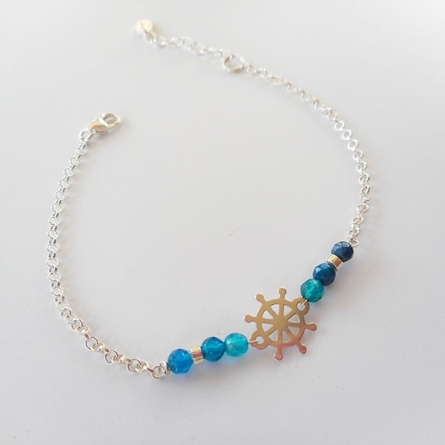 Armband med blå agatsten och roder på 925 silverkedja