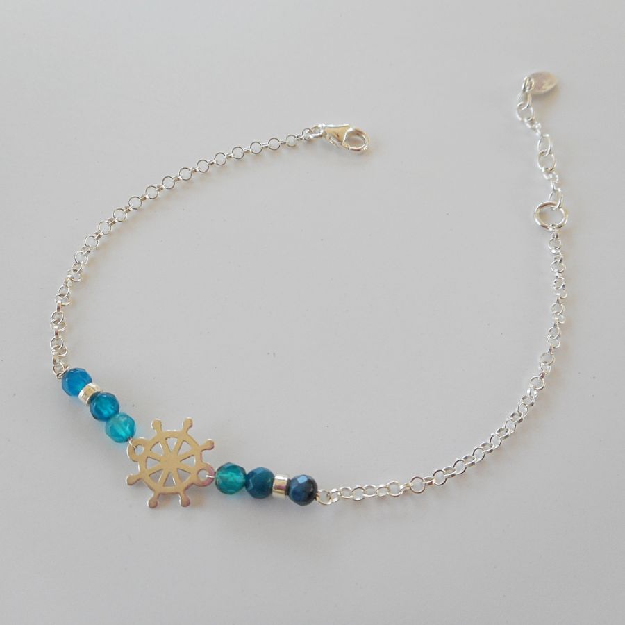 Armband med blå agatsten och roder på 925 silverkedja