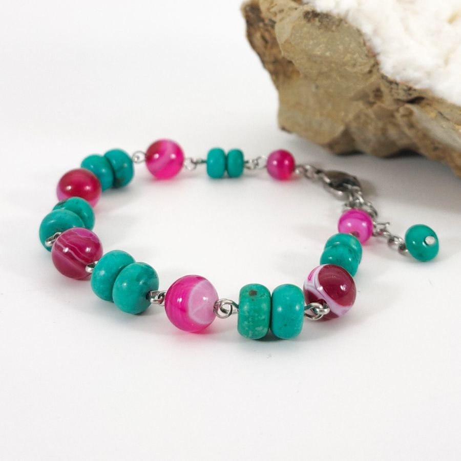Turkos och fuchsia rosa agat armband