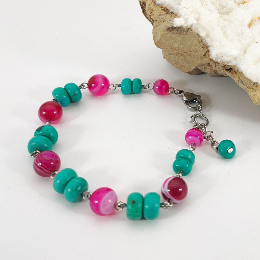Turkos och fuchsia rosa agat armband