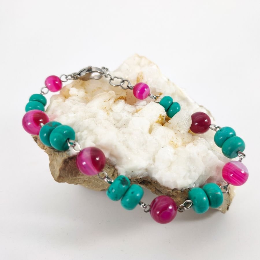 Turkos och fuchsia rosa agat armband