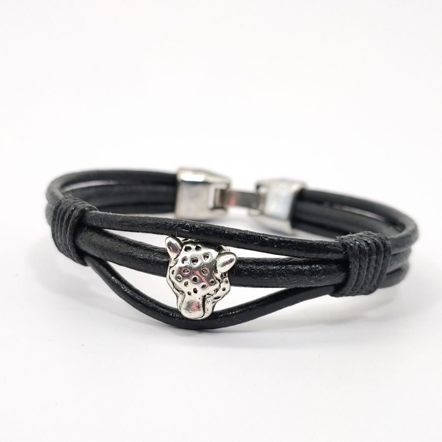 Tiger-armband på svarta läderband