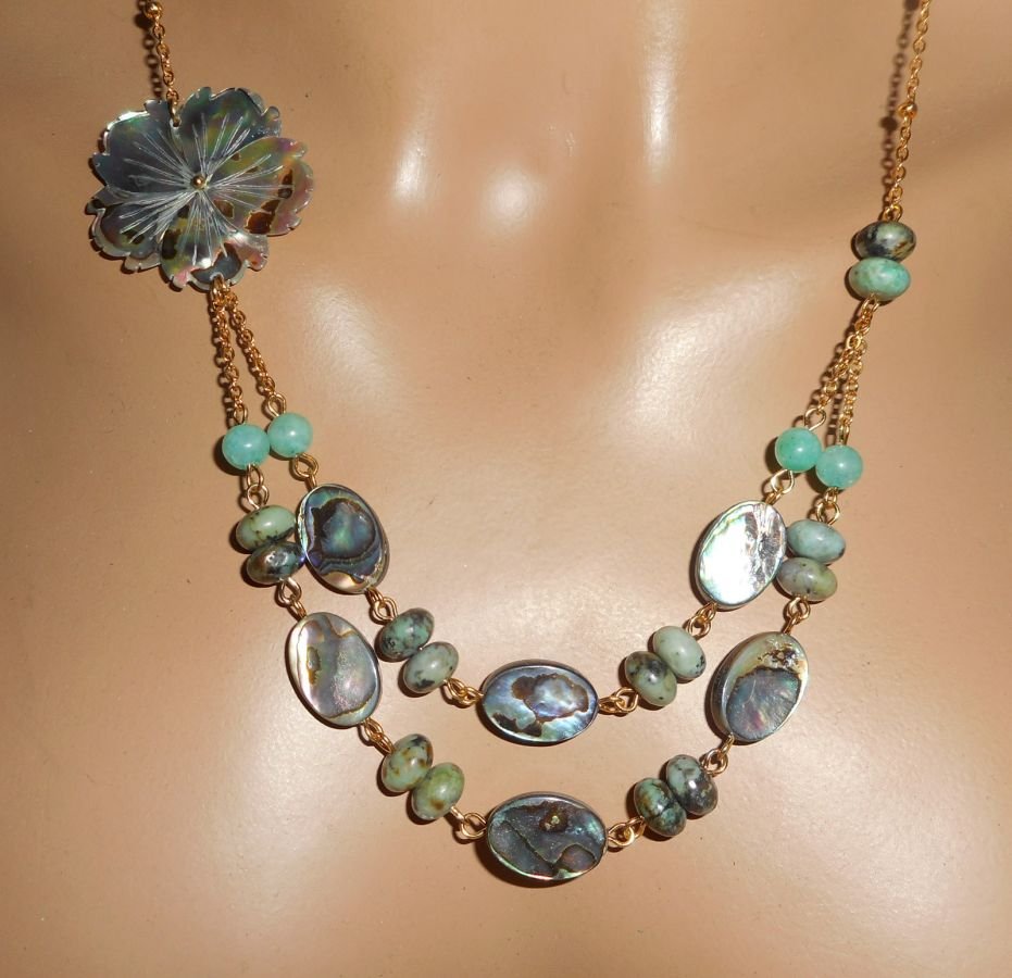 Halsband set med gröna jaspis stenar med blommor och dubbel rad abalone puckar