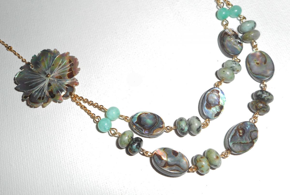 Halsband set med gröna jaspis stenar med blommor och dubbel rad abalone puckar