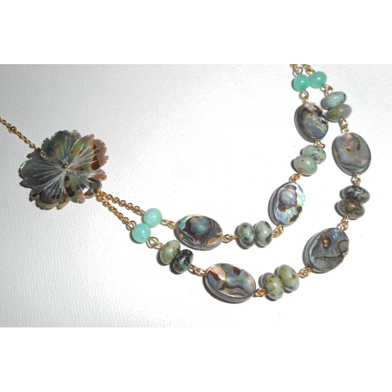 Halsband set med gröna jaspis stenar med blommor och dubbel rad abalone puckar