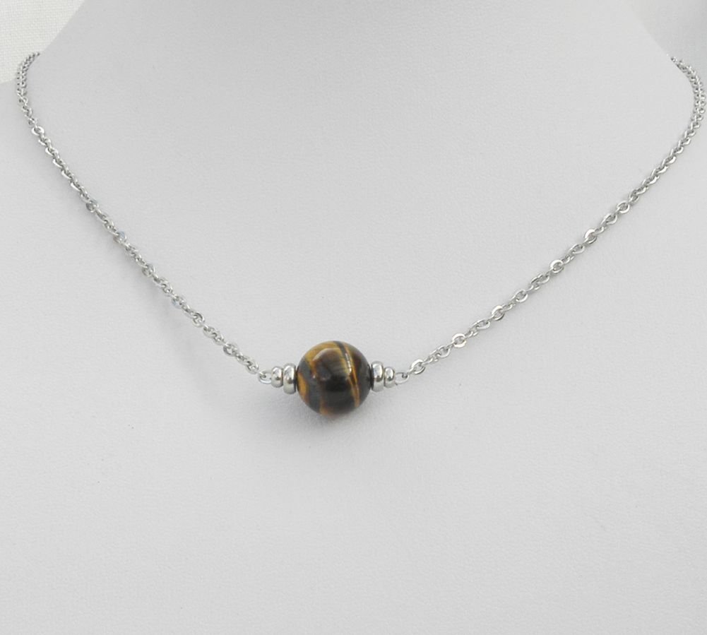 Solitärhalsband med tiger eye sten och pärlor i rostfritt stål