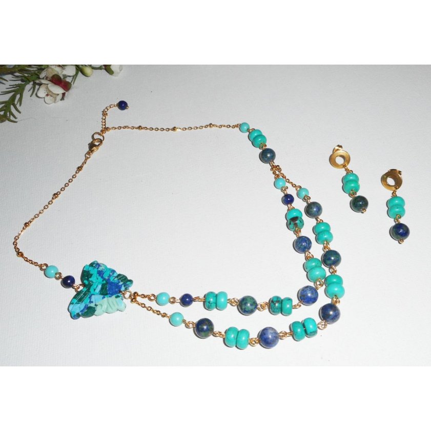 Lapis Lazzuli och turkos halsband med fjäril