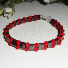 Hematit armband med röda kristallpärlor och 925 silver