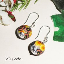 Örhängen grå/gula blommiga lera pärla i silver 925