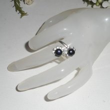 Original 925 silverring med blomma och svart odlad pärla