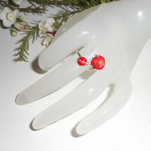 Original 925 silver ring med korall ros och röd emalj ladybird