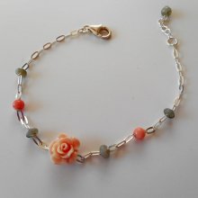 Labradorit och korall stenar armband med ros på 925 silver kedja