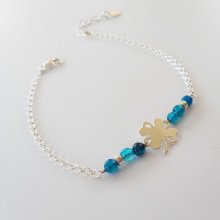 Liten blå agat stenar armband med klöver på 925 silver kedja