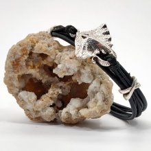 Armband för män svart läder med flera strängar med silver metall stingray fisk